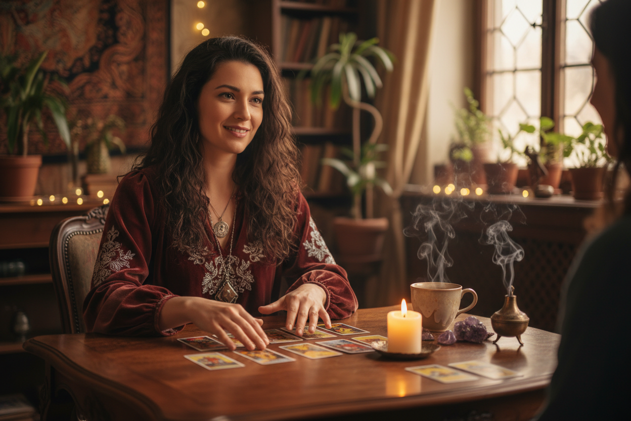 Mujer realizando una lectura de tarot, mirada empática y confiable.
Sentada en una mesa de madera con cartas de tarot, una vela encendida y una taza de café.
Ambiente cálido, elegante pero informal, estilo fotográfico realista, ambiente esoterico
