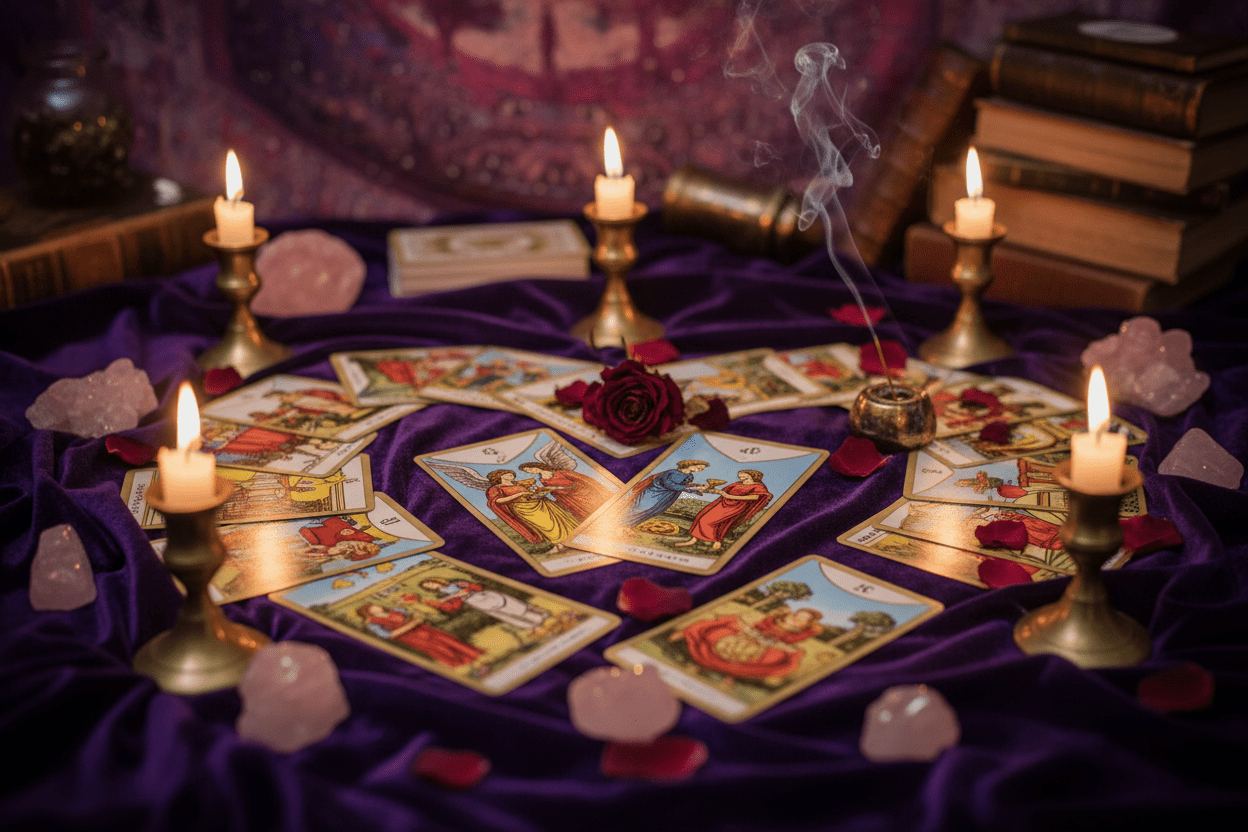 Mesa esotérica con cartas de tarot utilizadas para lectura de compatibilidad de pareja y armonía emocional en Chile