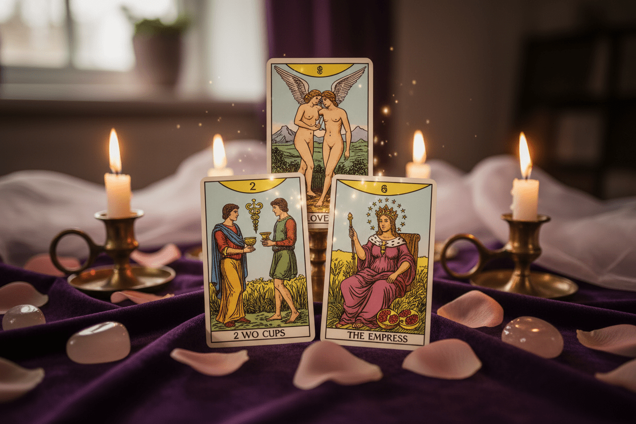Cartas de tarot dispuestas en lectura del amor para analizar relación de pareja y proyección emocional en Chile
