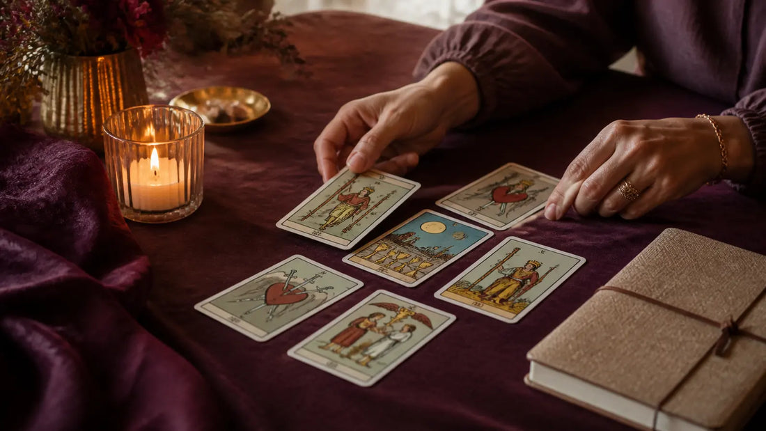 Lectura de tarot sobre amor y relaciones con cartas sobre una mesa