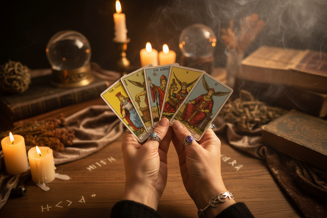 5 cartas de tarot ryder sobre las manos de una tarotista
