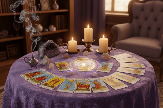 Mesa esotérica con cartas utilizada en lectura de psicotarot para orientación emocional y procesos personales en Chile