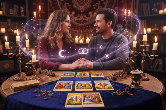 Cartas de tarot dispuestas en lectura de compatibilidad de pareja para analizar conexión emocional y proyección en Chile