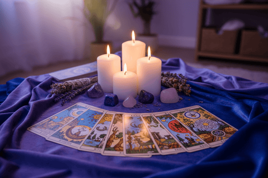 Cartas de tarot en ambiente terapéutico con velas, lectura de 30 minutos orientada a sanación emocional en Chile